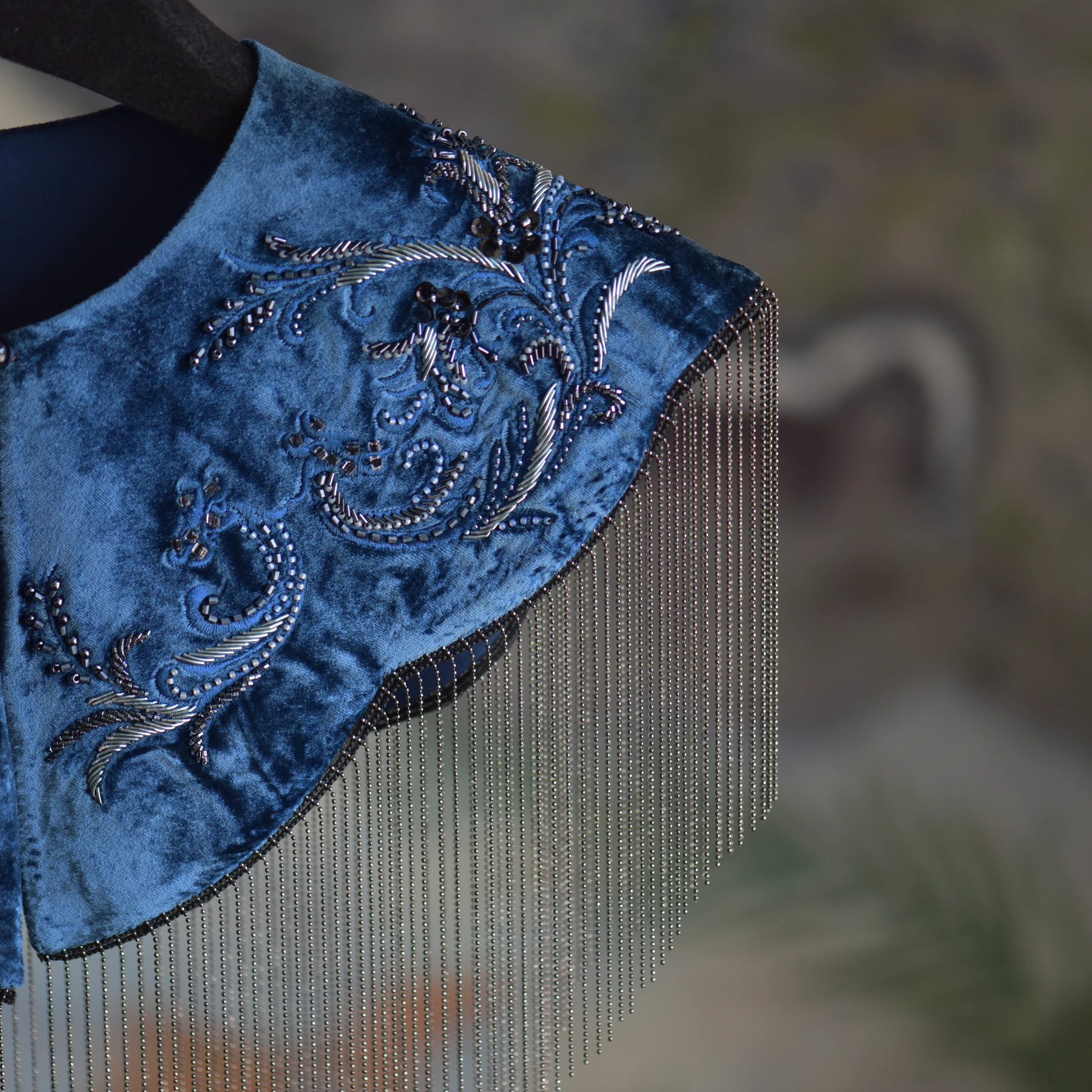 Blue Scroll Fringe Shoulder Piece — Detail