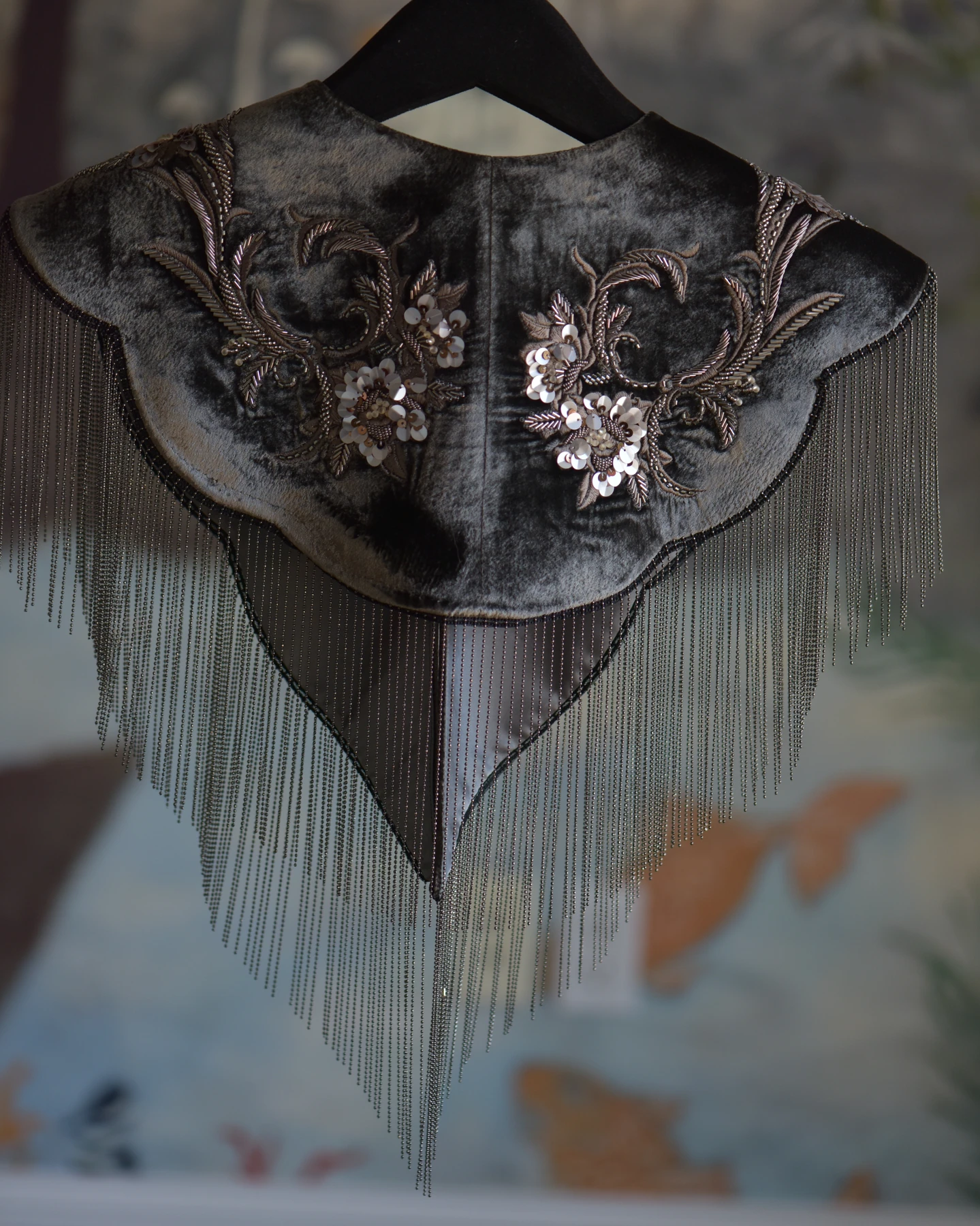 Dark Brown Floral Fringe Shoulder Piece — Front view