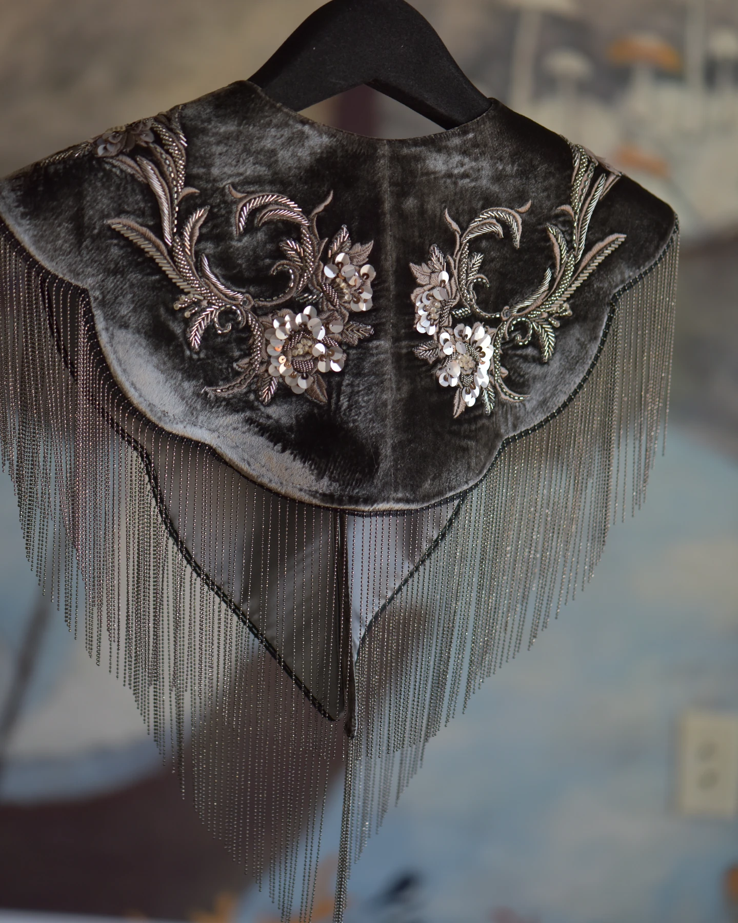 Dark Brown Floral Fringe Shoulder Piece — Front view