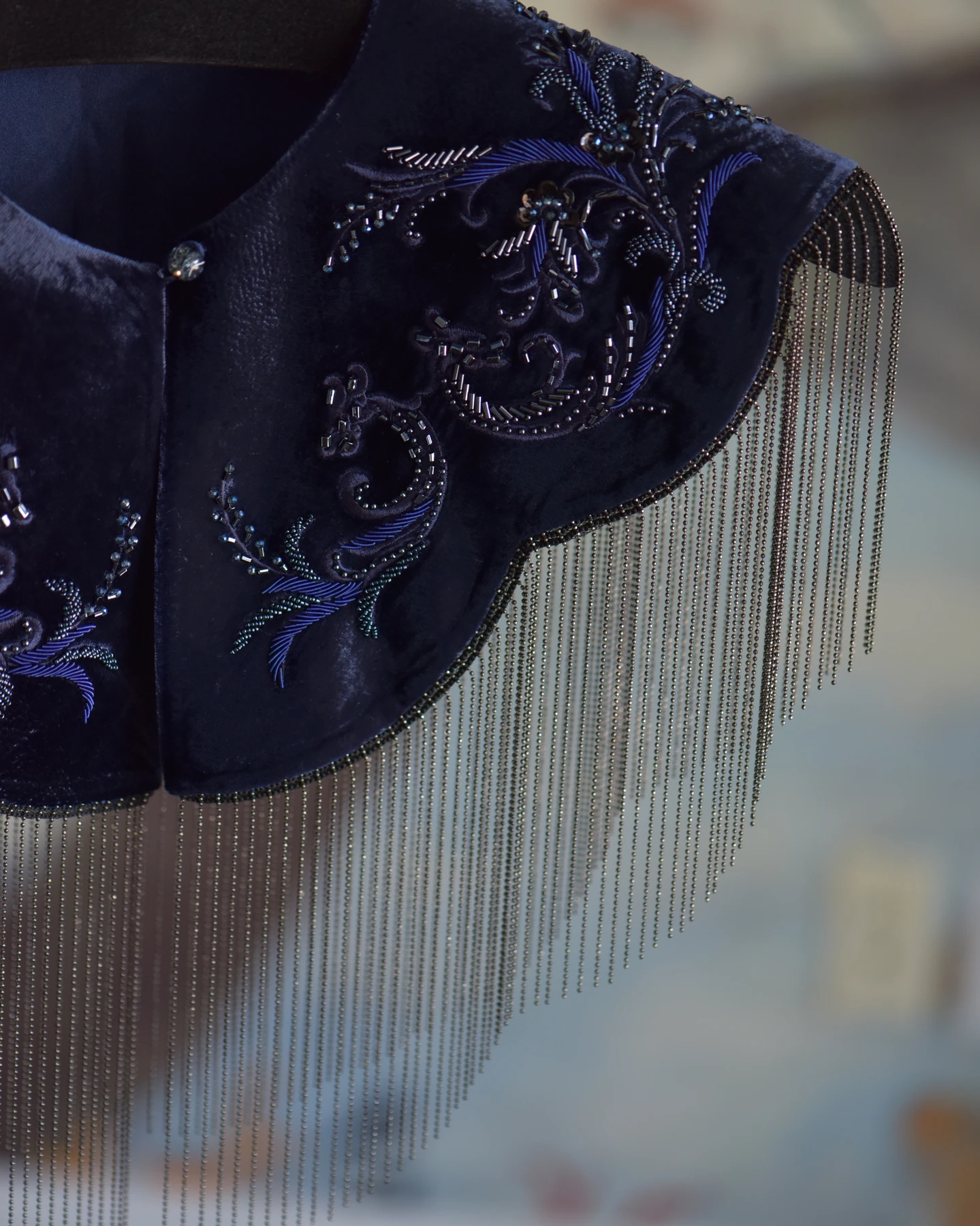 Deep Blue Fringe Shoulder Piece — Detail