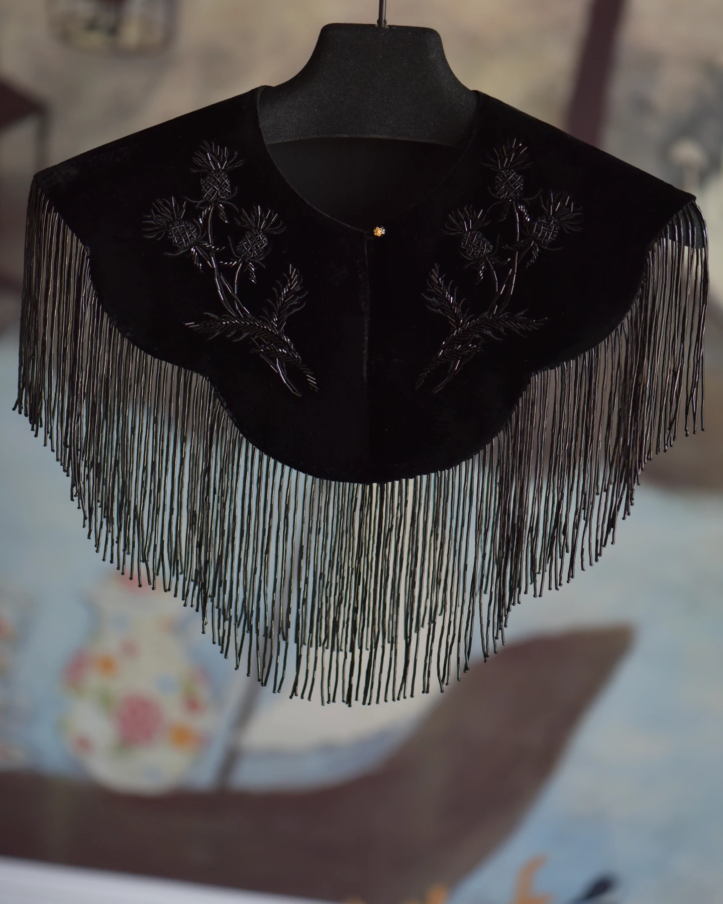 Dark Floral Fringe Shoulder Piece — Front view