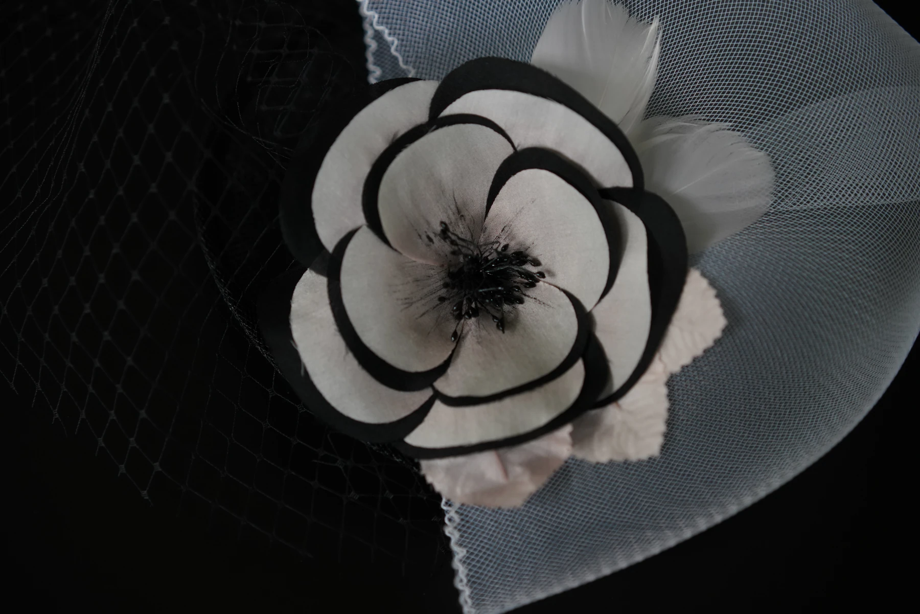 Ivory & Black Floral Veil Headpiece — Detail