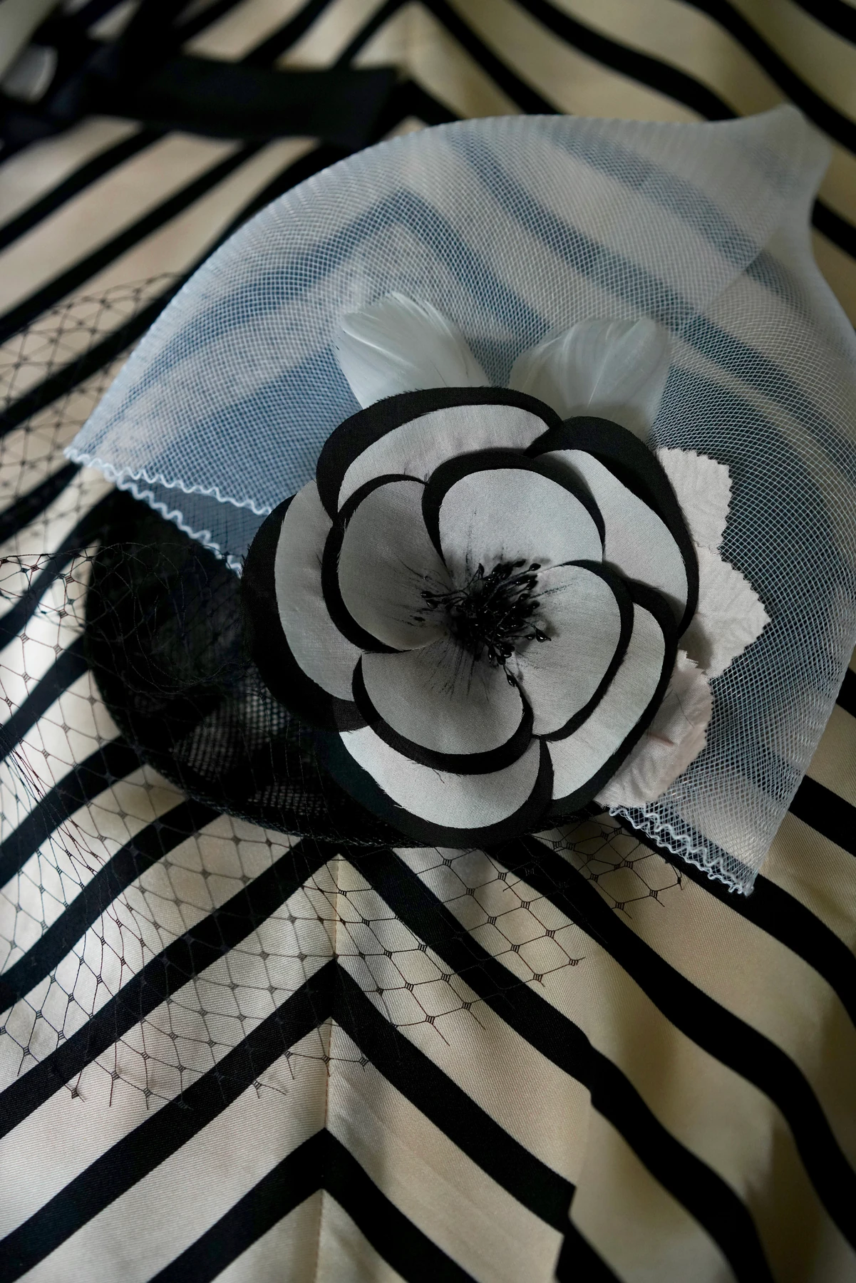 Ivory & Black Floral Veil Headpiece — Side view