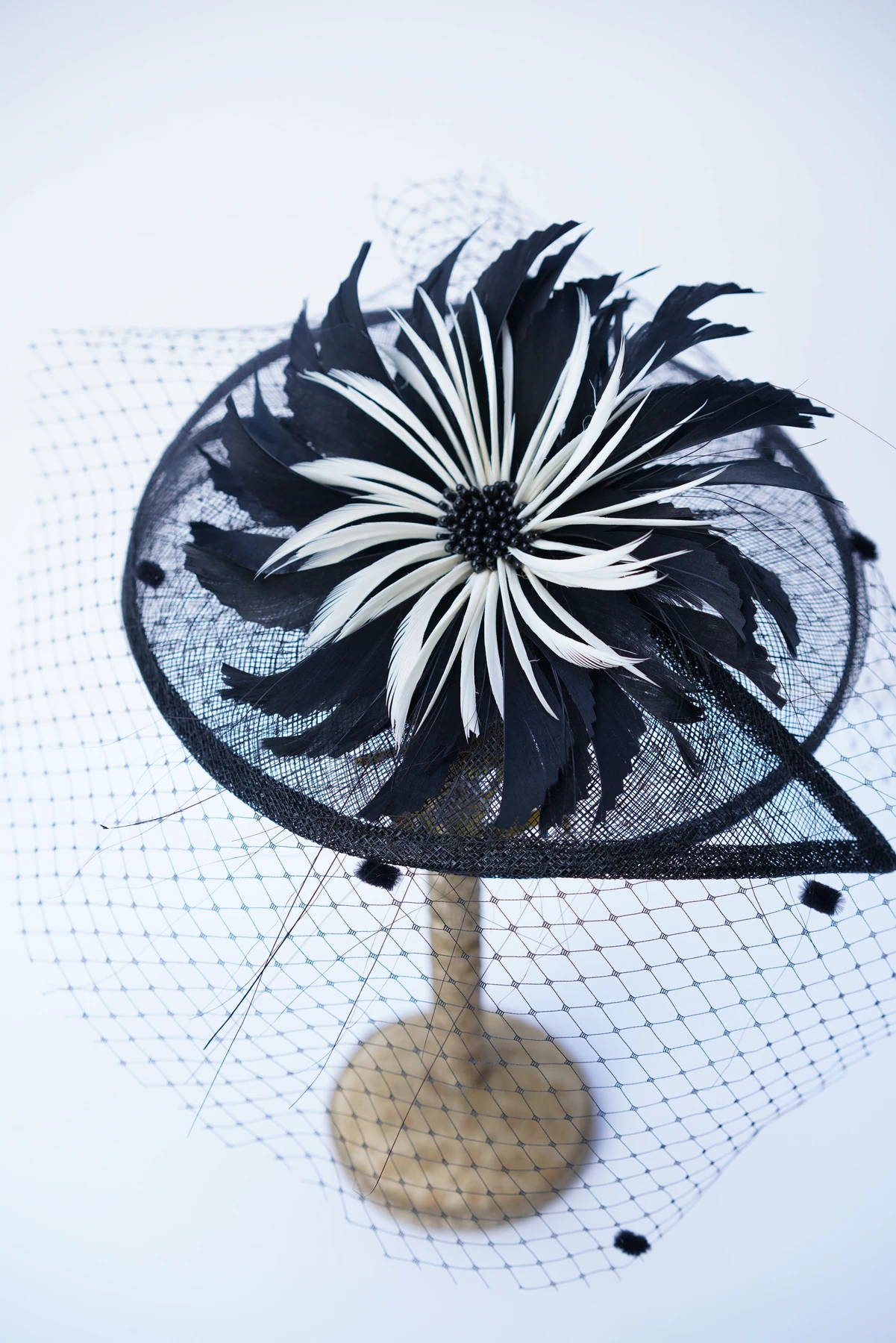 Black & White Feather Veil Headpiece — Front view