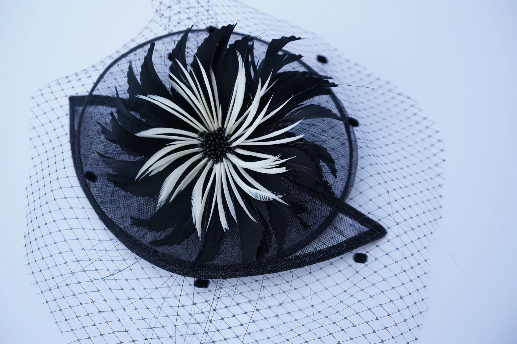 Black & White Feather Veil Headpiece — Front view