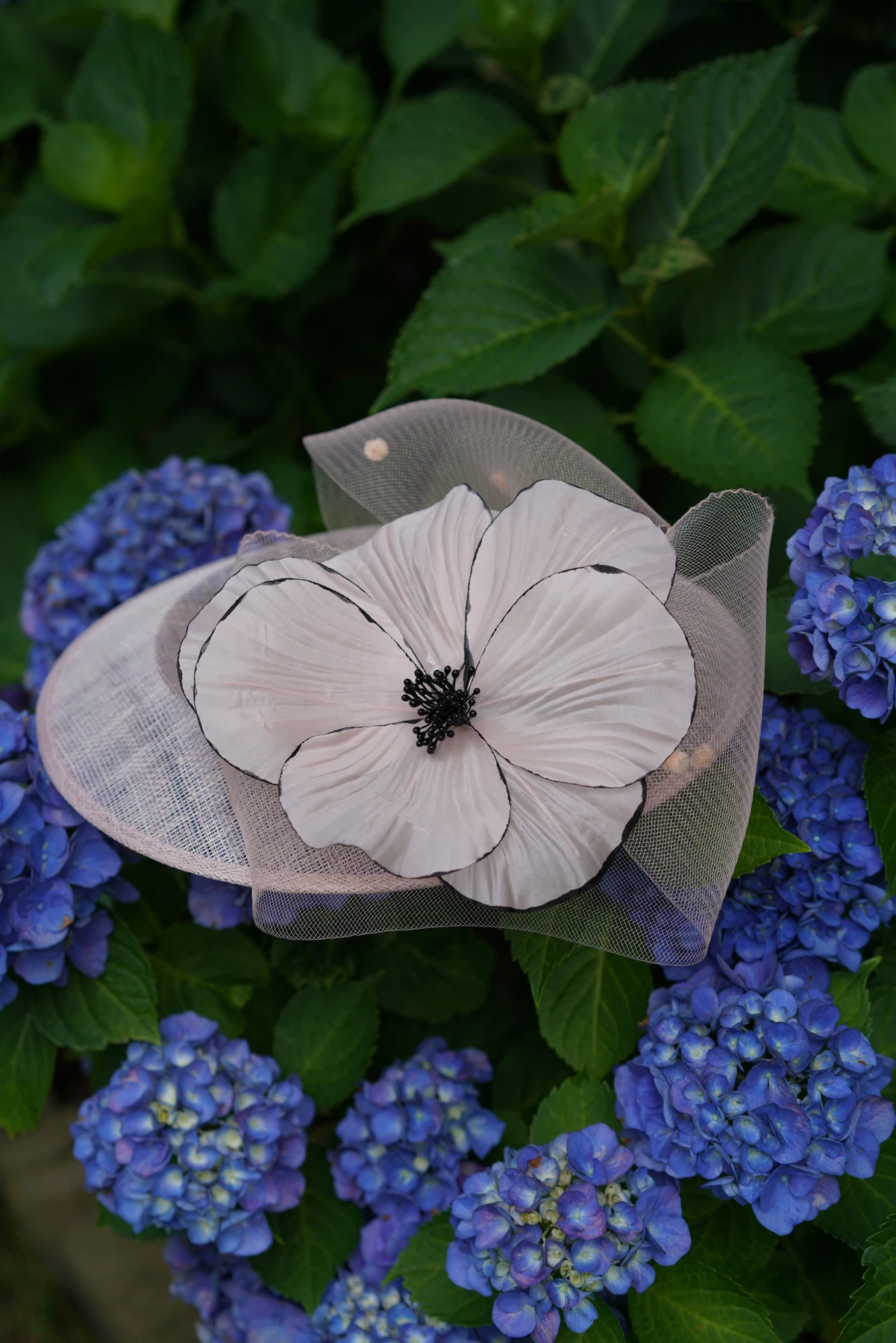 Taupe Floral Mesh Headpiece — Side view