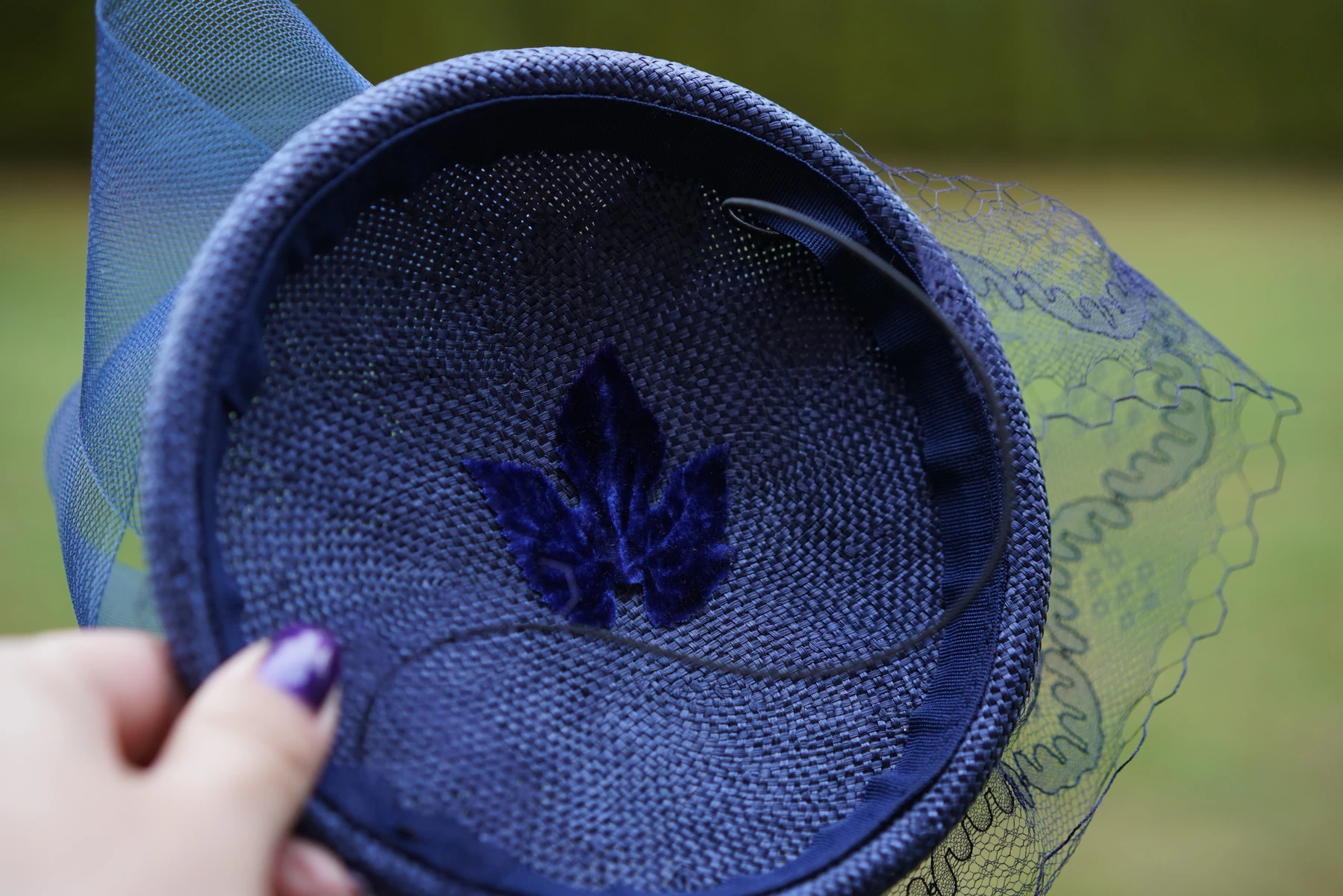 Midnight Blue Floral Headpiece — Front view