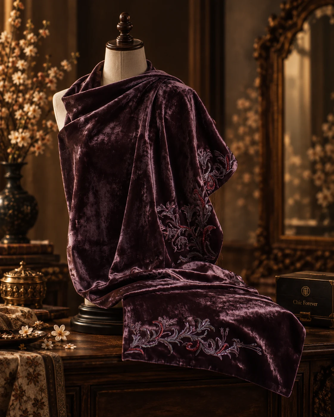 Plum Fringe Shawl — mannequin display