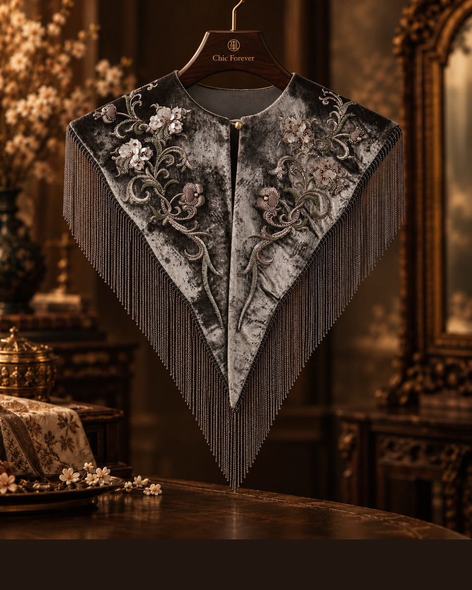 Silver-Grey Floral Fringe Yunjian — front display